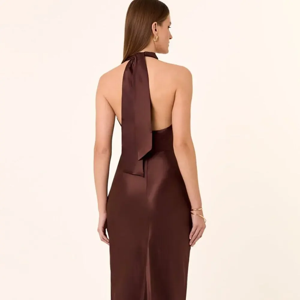 NICHOLAS Galilea High Neck Gold Trim Maxi Dress Espresso 6 - Picture 6 of 16